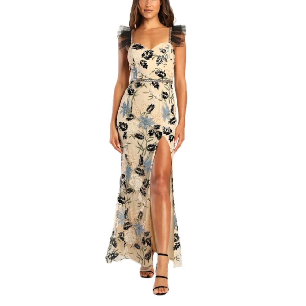 Lulu’s Cream Show Stopper Embroidered Sequin High Waist Bodycon Maxi Dress